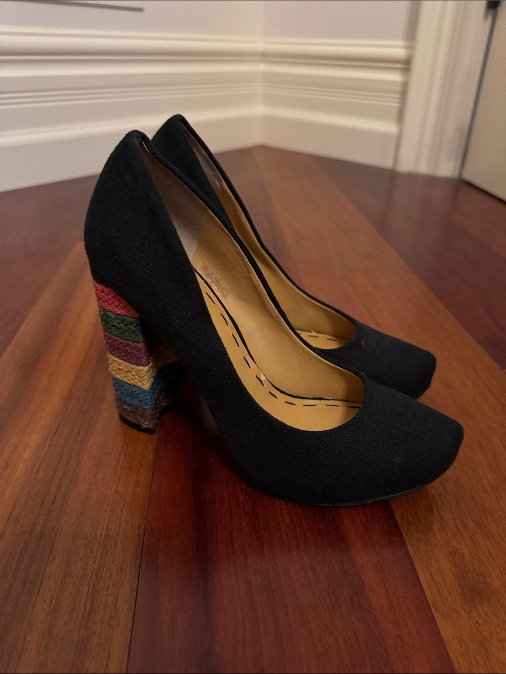 Nine West Black Pumps with Multicolor Striped Block Heel